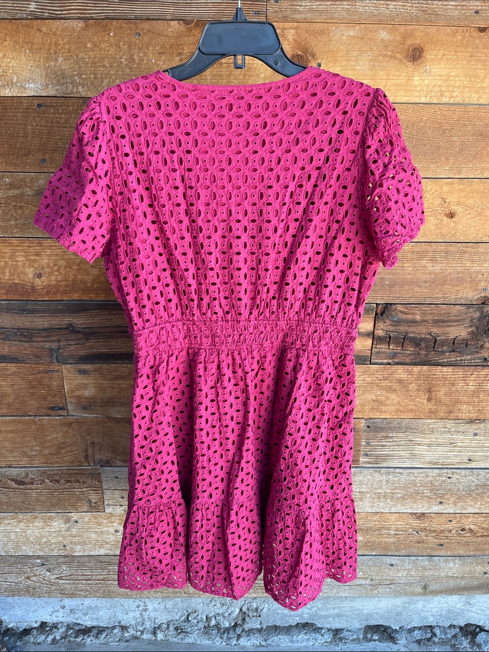 PrettyGarden Magenta Eyelet Mini Dress XL Cotton Puff Sleeve Lined Boho Summer - Picture 4 of 4
